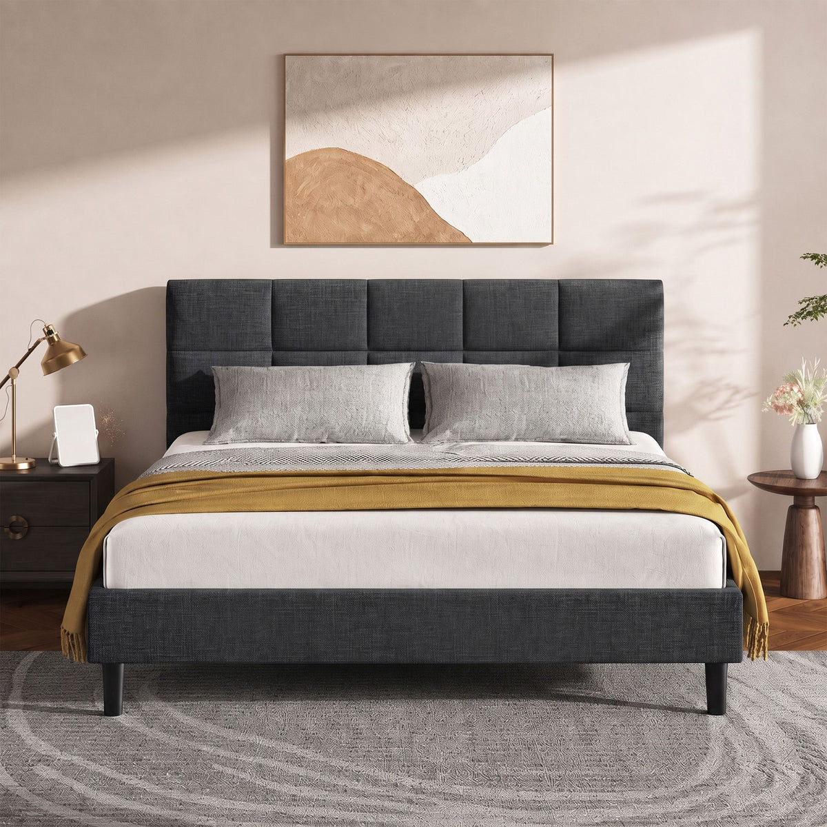 Tino Queen Size Bed Frame Charcoal Faux Linen Upholstered