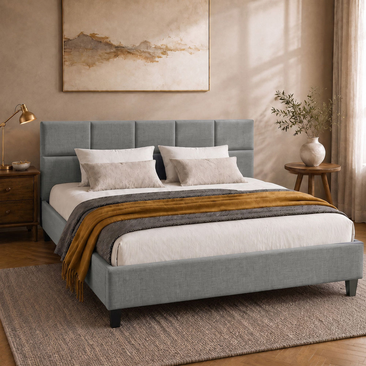 Tino Queen Size Bed Frame Faux Linen Upholstered Grey
