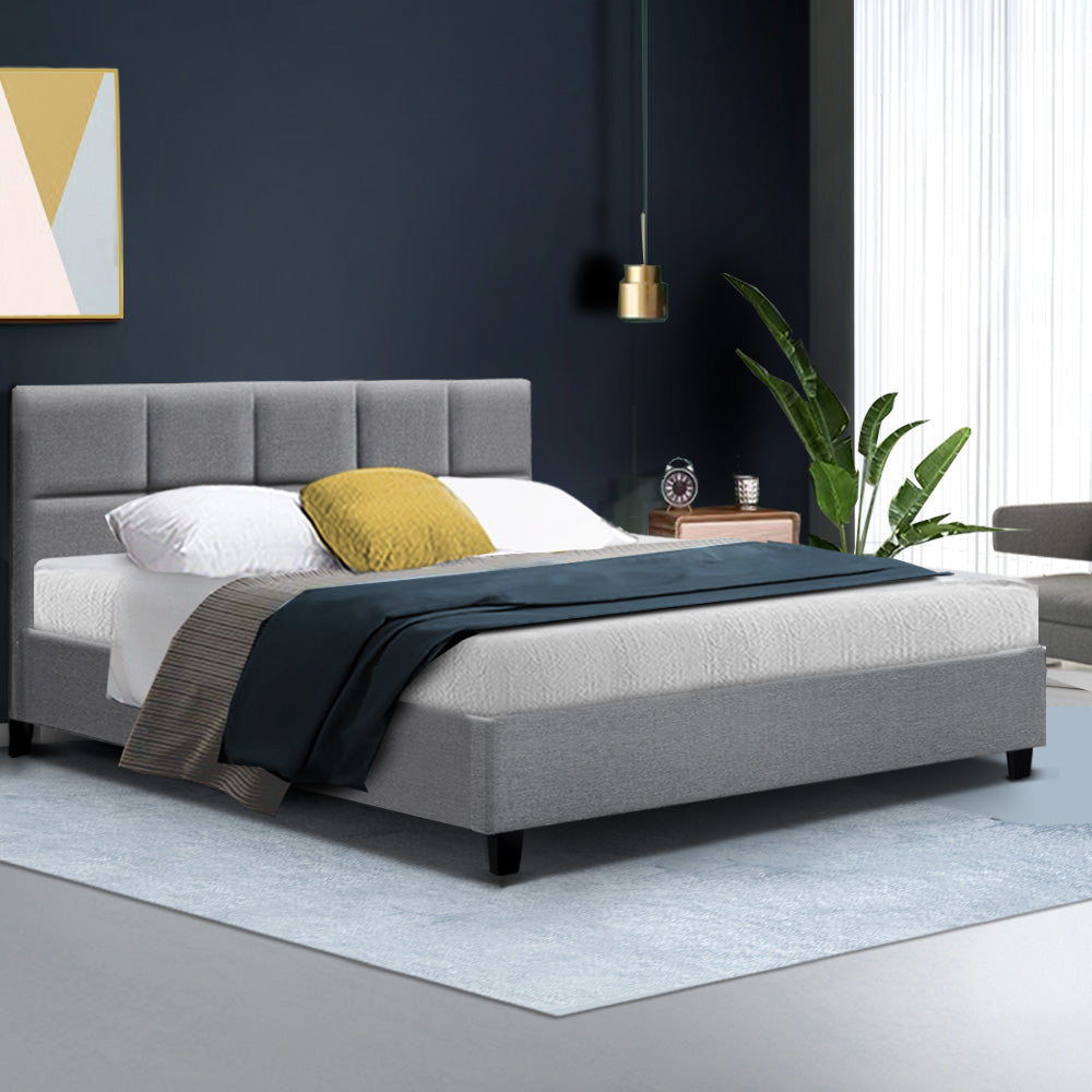 TINO Queen Bed Frame Faux Linen Upholstery Grey