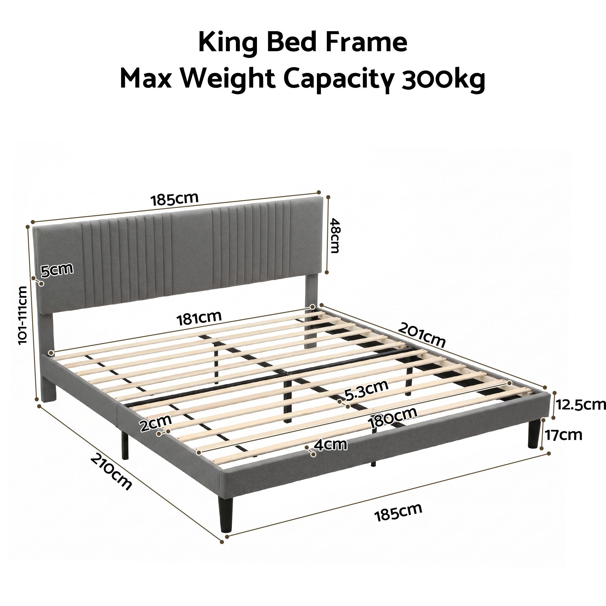 Artiss King Bed Frame with Adjustable Headboard, Grey, 300kg Capacity