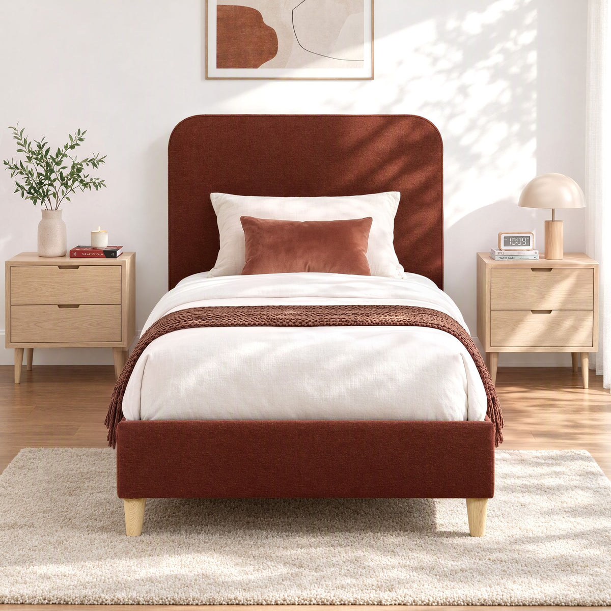 Artiss King Single Bed Frame with Headboard, Faux Linen Brown
