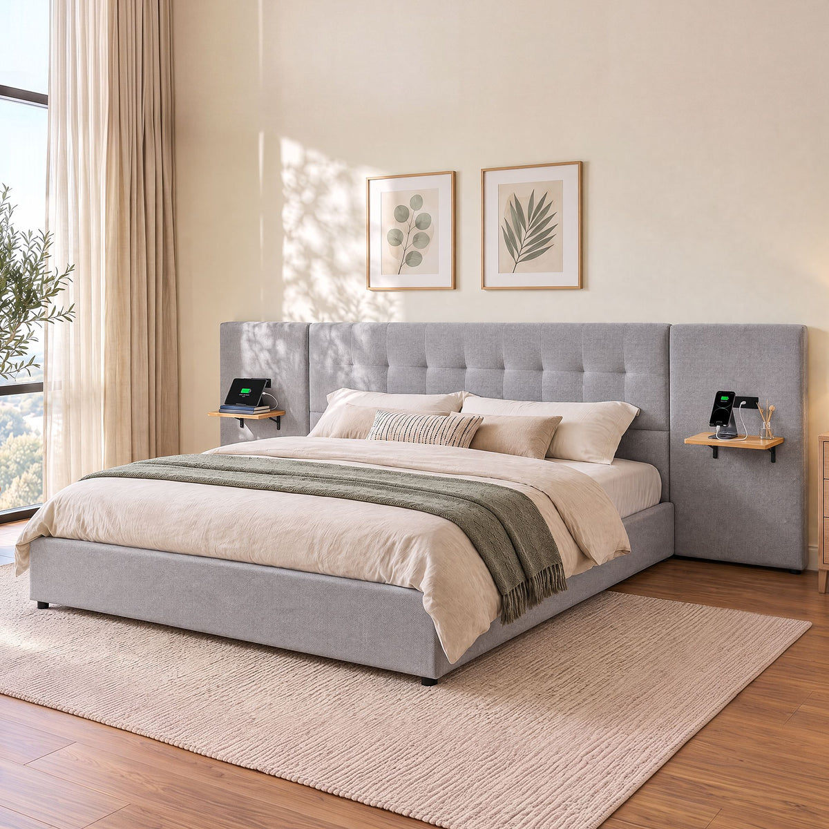 Artiss King Upholstered Bed Frame with Headboard and Shelves Grey