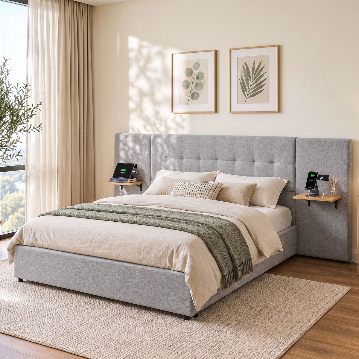Artiss Queen Bed Frame with Wide Headboard and Floating Shelves Grey