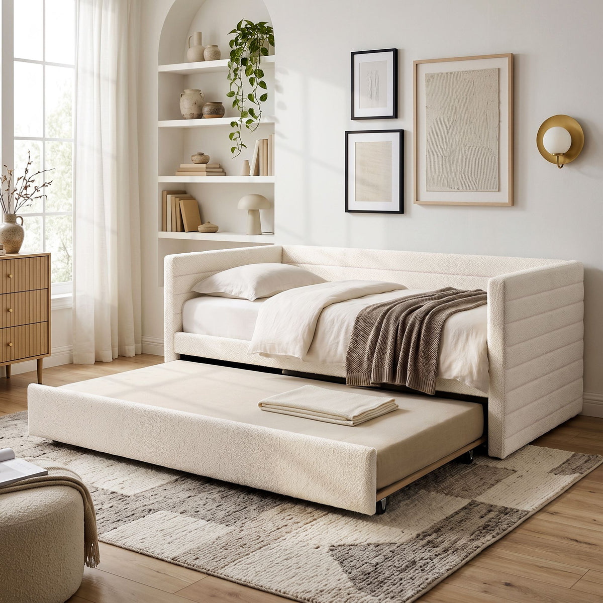 Artiss King Single Daybed with Trundle, Bouclé Upholstered Bed Frame Guest Bed