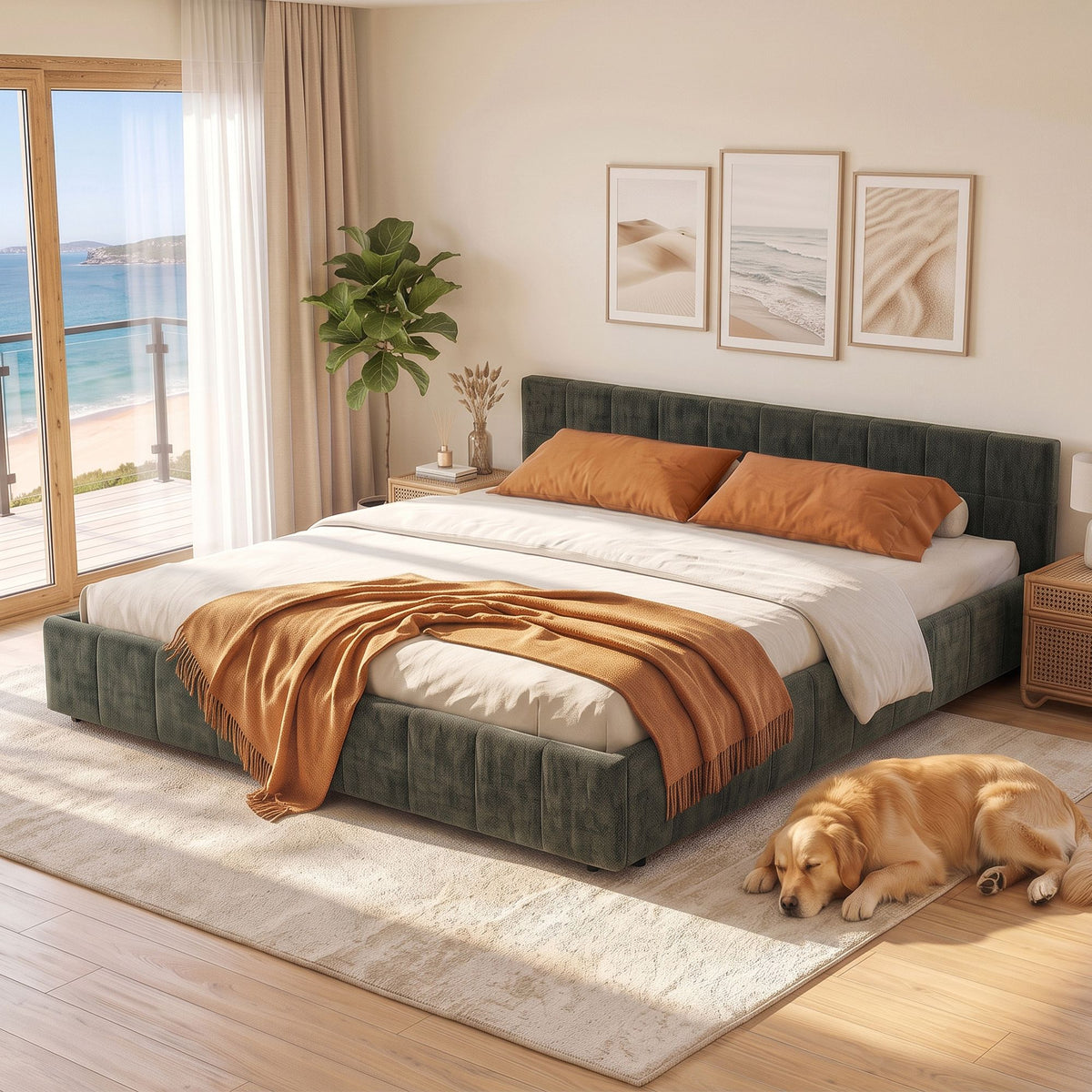 Artiss King Bed Frame Chenille Upholstered Platform Green