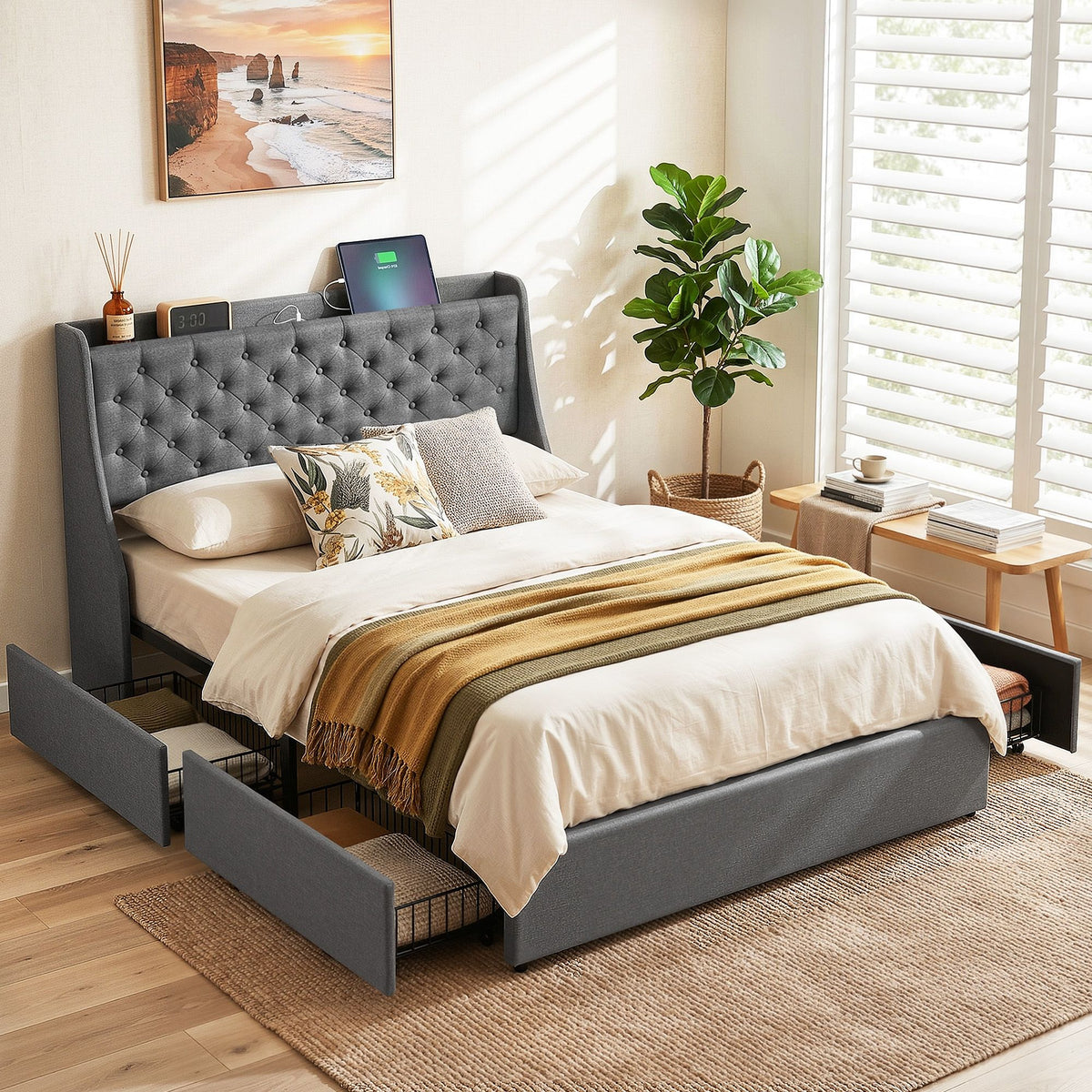Artiss Double Bed Frame Charging Station Charcoal Grey