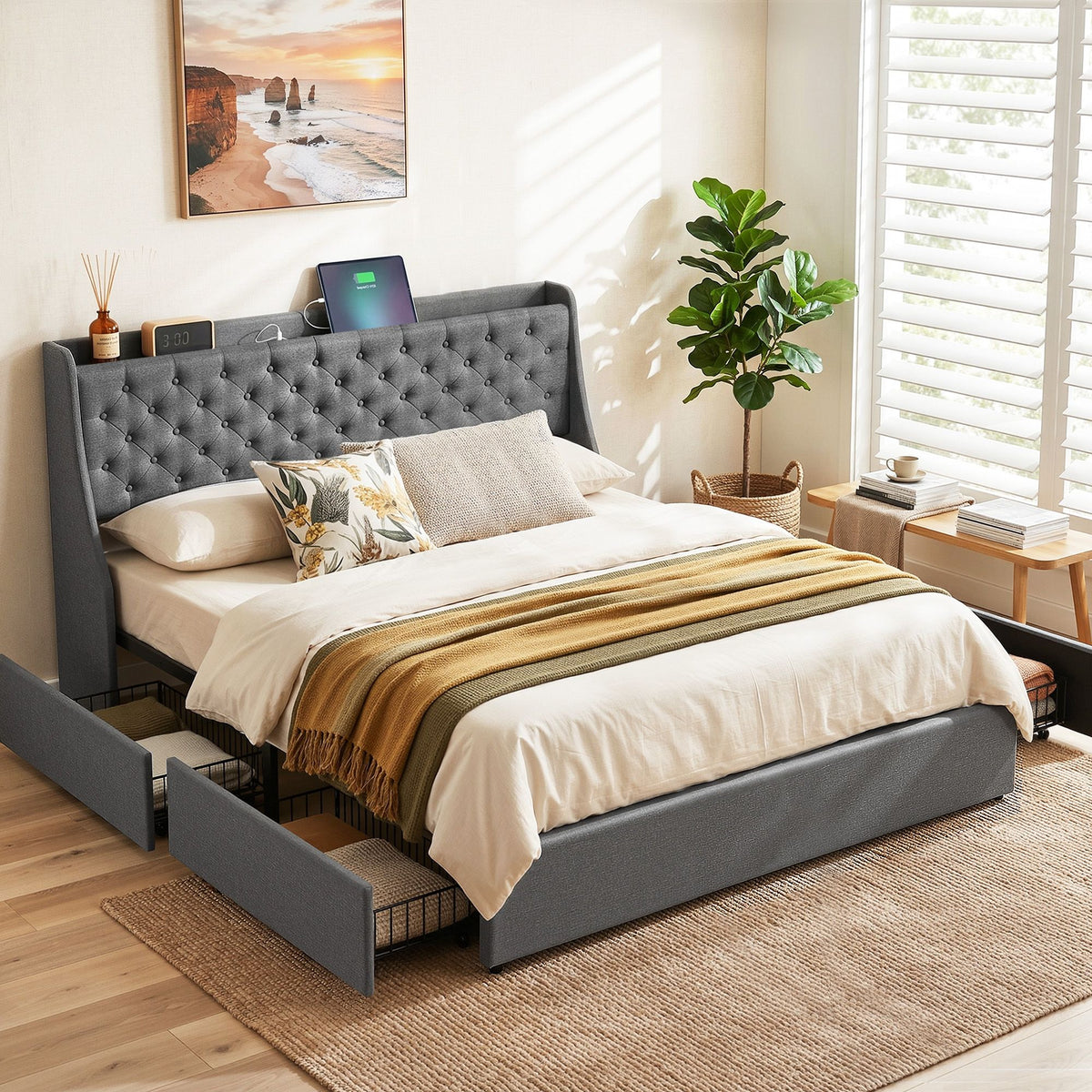 Artiss King Bed Frame with 4 Drawers and USB Charging, Charcoal Grey