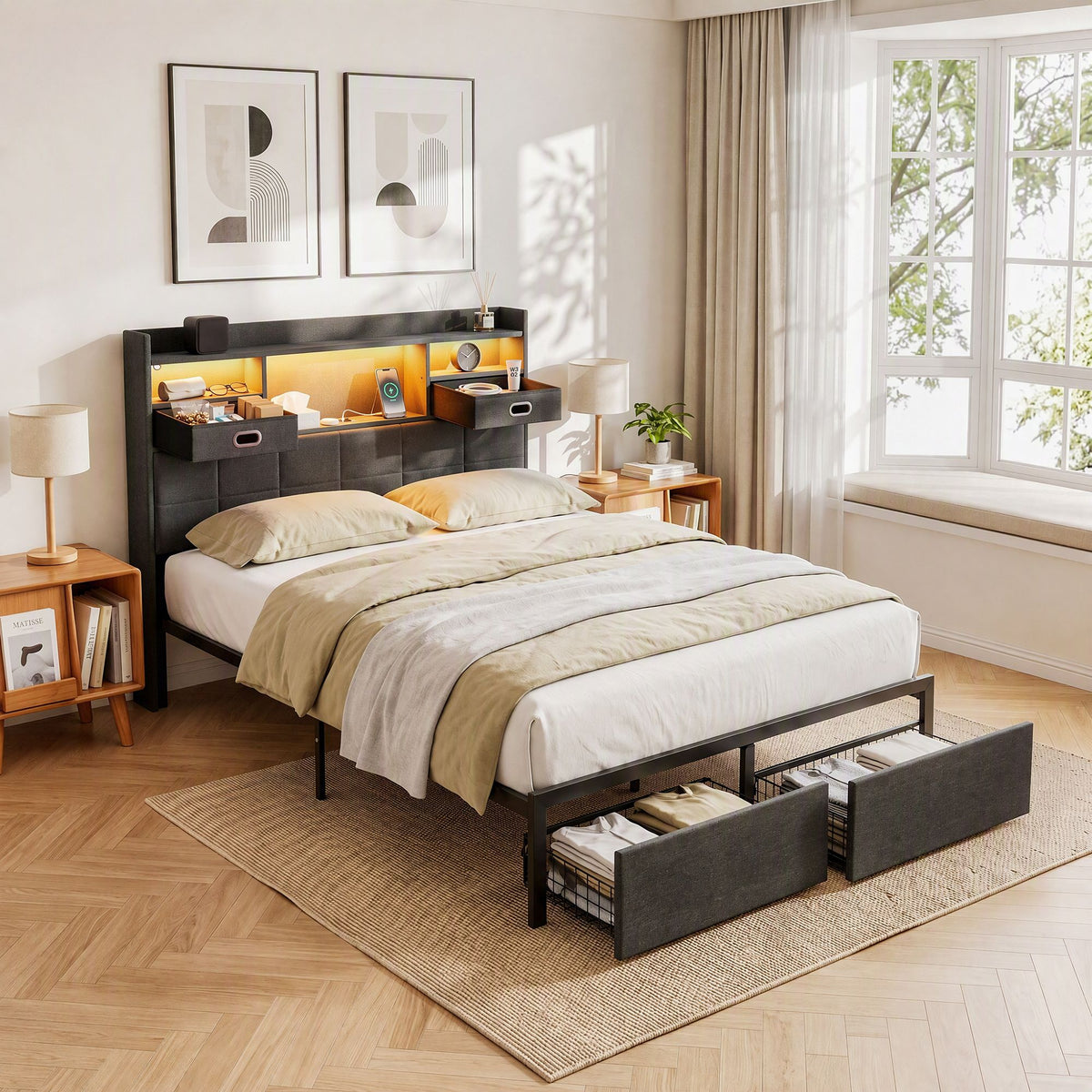 Artiss Double Bed Frame with Storage Drawers and Headboard