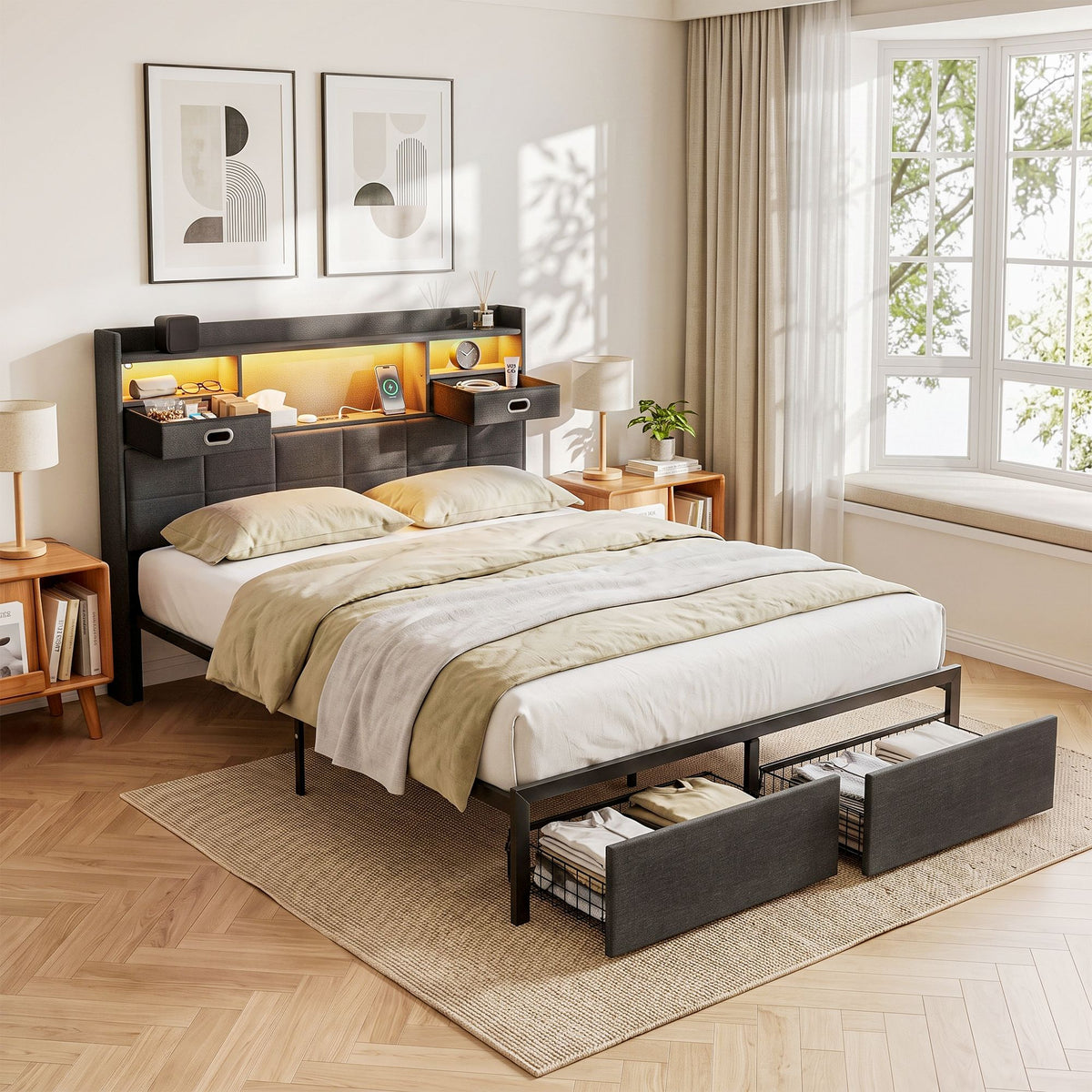 Artiss Queen Bed Frame with Storage Drawers and Headboard