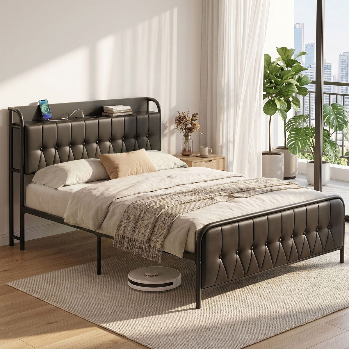 Artiss Double Bed Frame with Storage Headboard and Charging Station