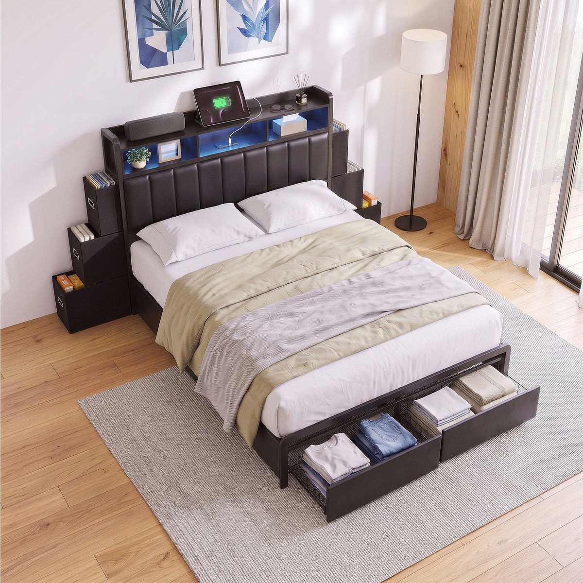 Artiss Double Bed Frame with Storage Headboard and Charging Station