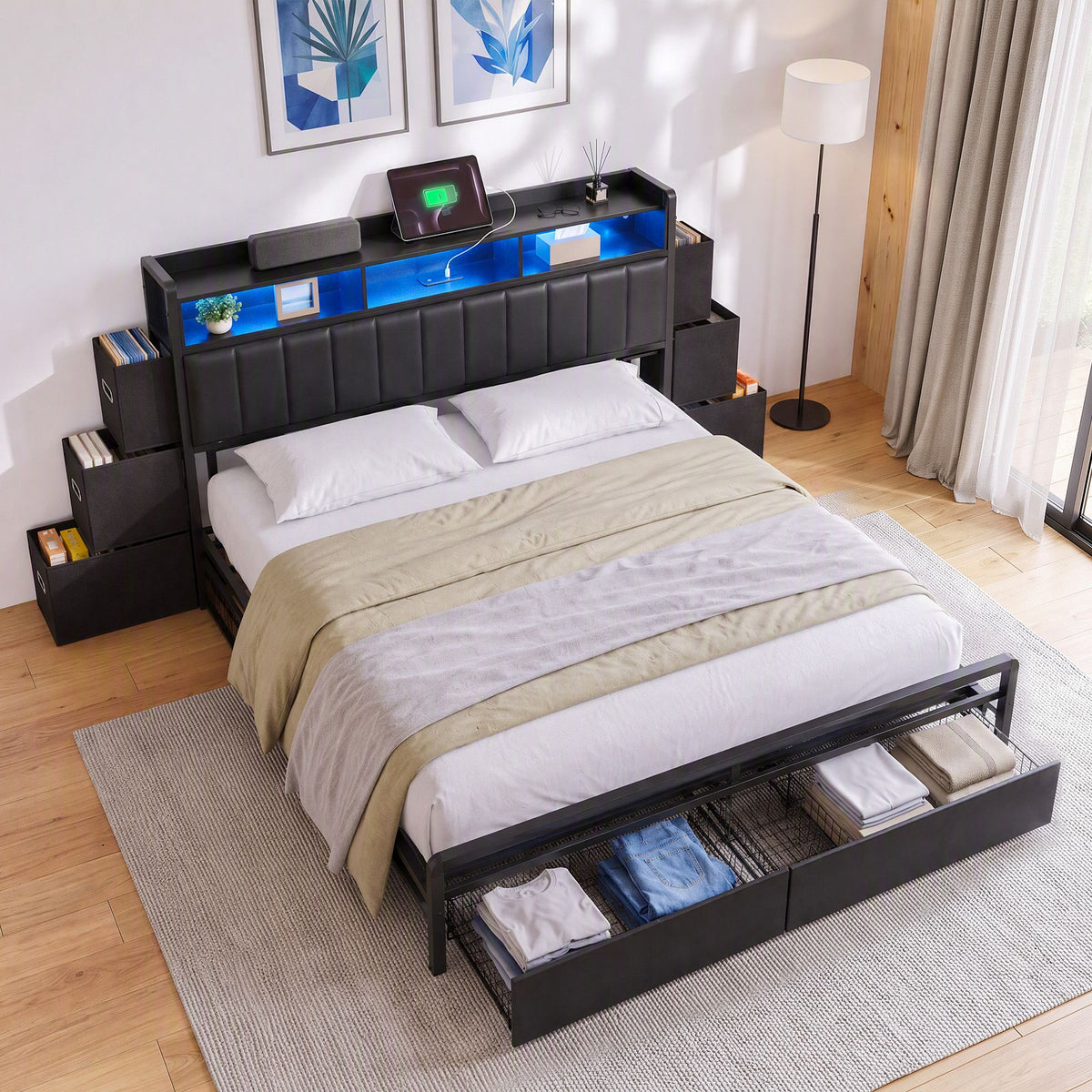 Artiss King Bed Frame with Storage Headboard and LED Light