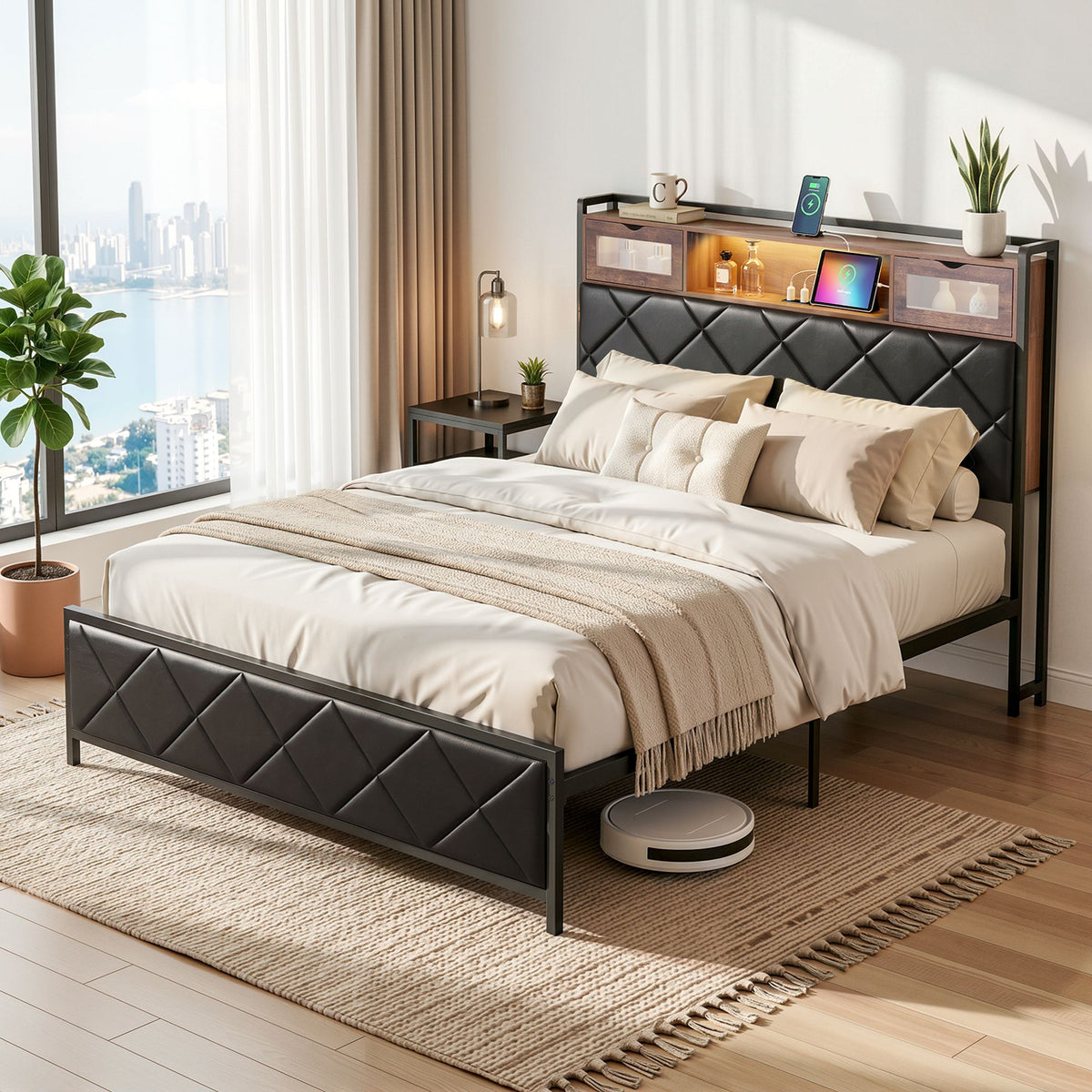 Artiss Double Bed Frame with LED Lights and USB Charging Headboard
