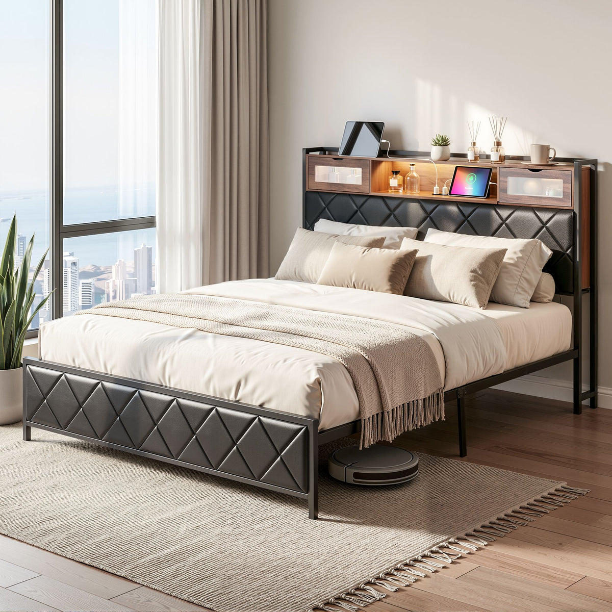 Artiss King Bed Frame with LED Lights and Storage Headboard