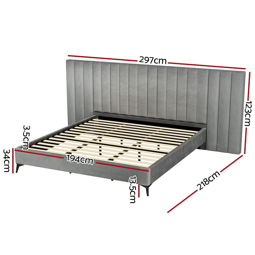 LOTT King Bed Frame Velvet Upholstery Grey