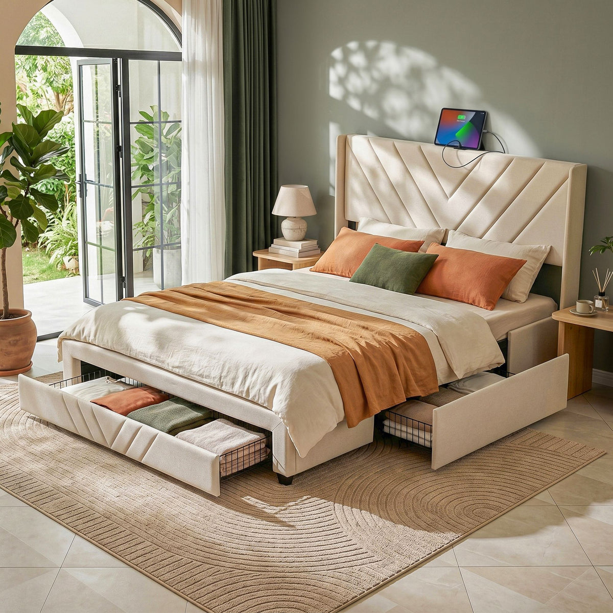 Artiss King Upholstered Bed Frame with Charging Station Beige