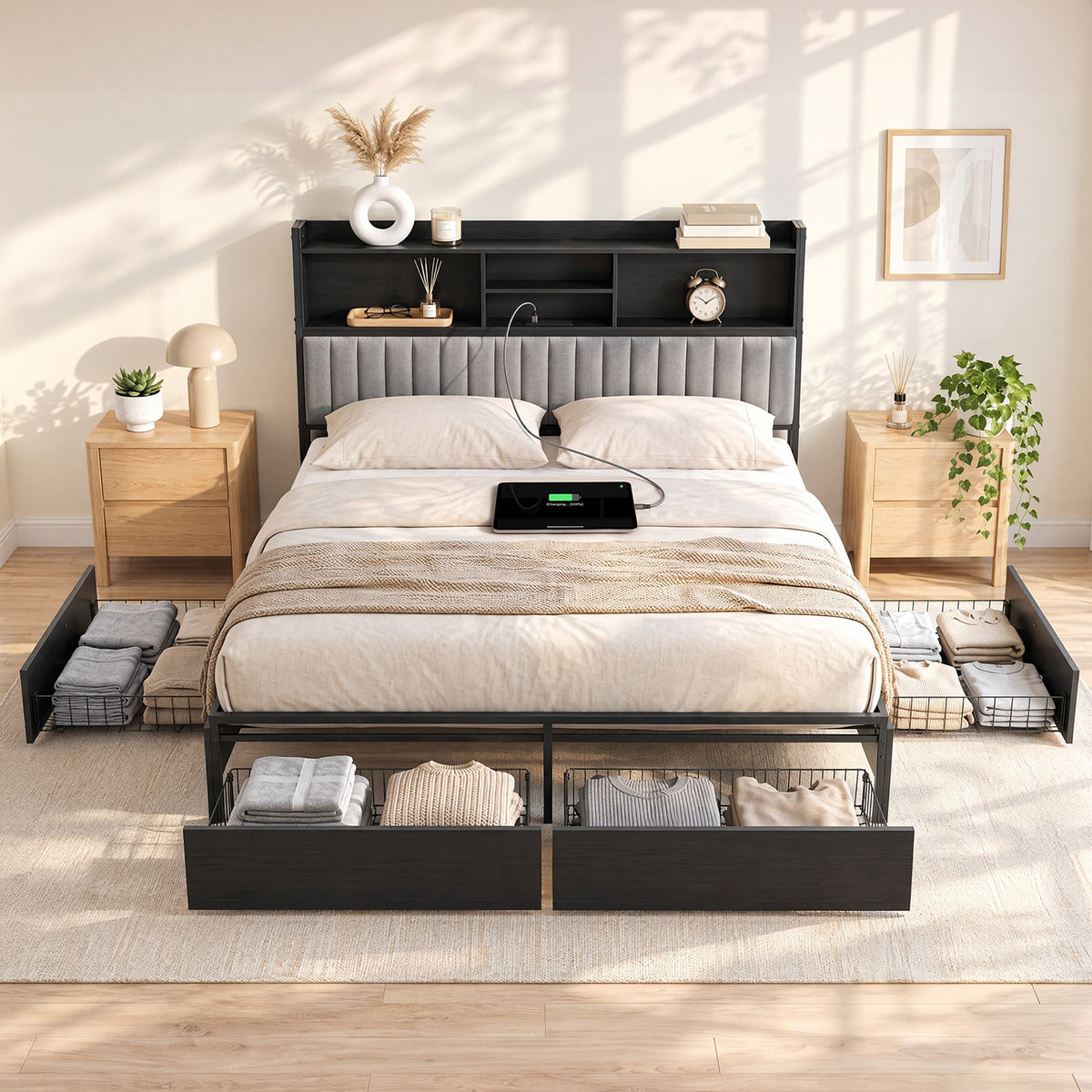 Artiss King Storage Bed Frame with Drawers and Charging Station