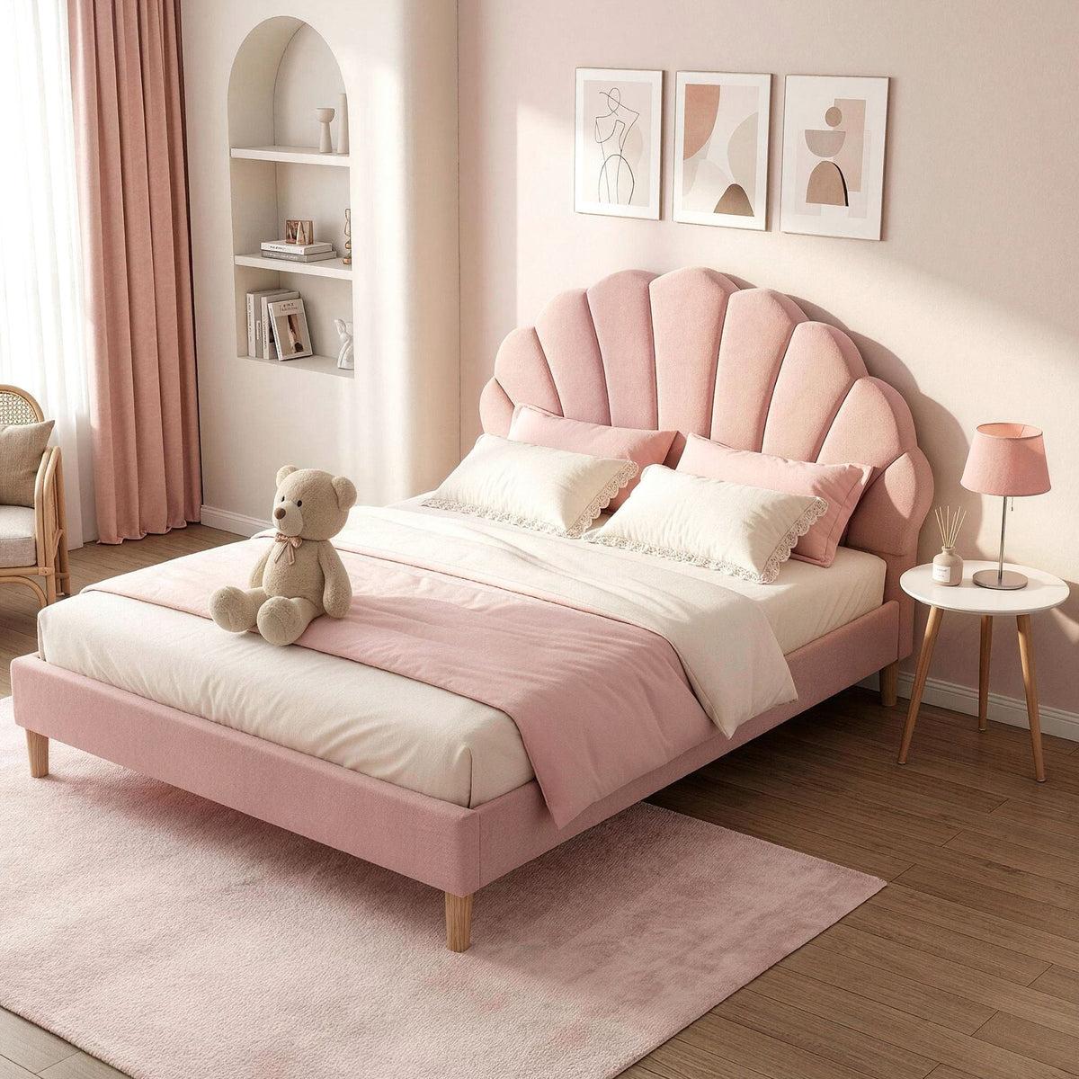 Rosy Double Bed Frame and Round Coffee Table Set Pink Velvet