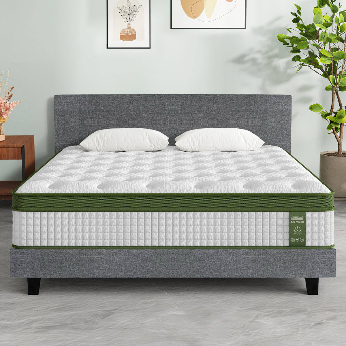 BedStory King Bed Frame and Hybrid Mattress Set Medium Firm Grey