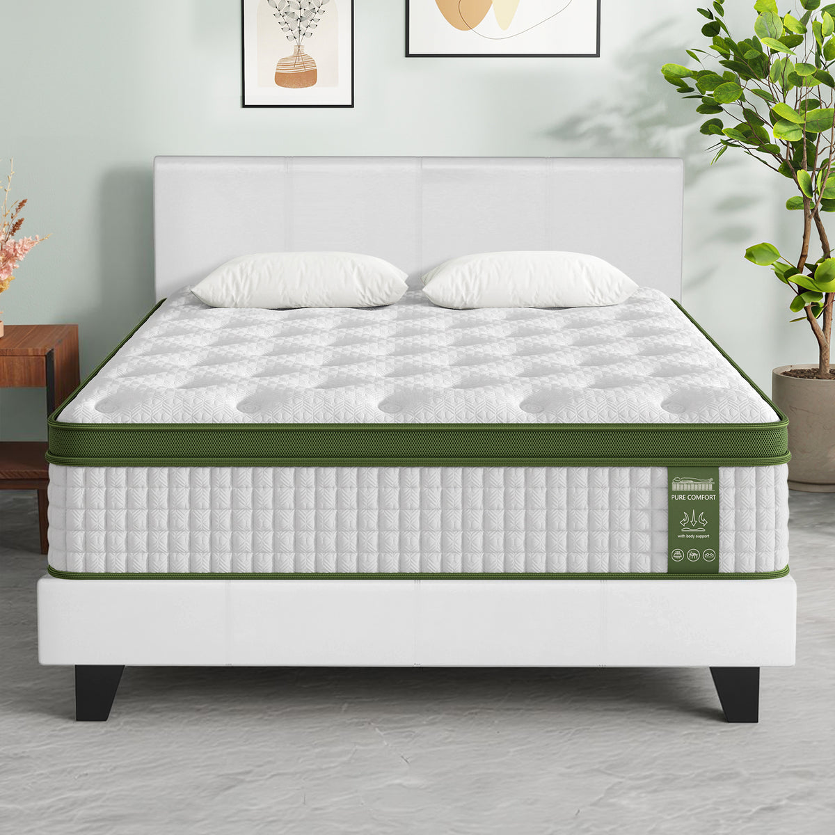 Neo Queen Bed Frame Set with Hybrid Mattress White