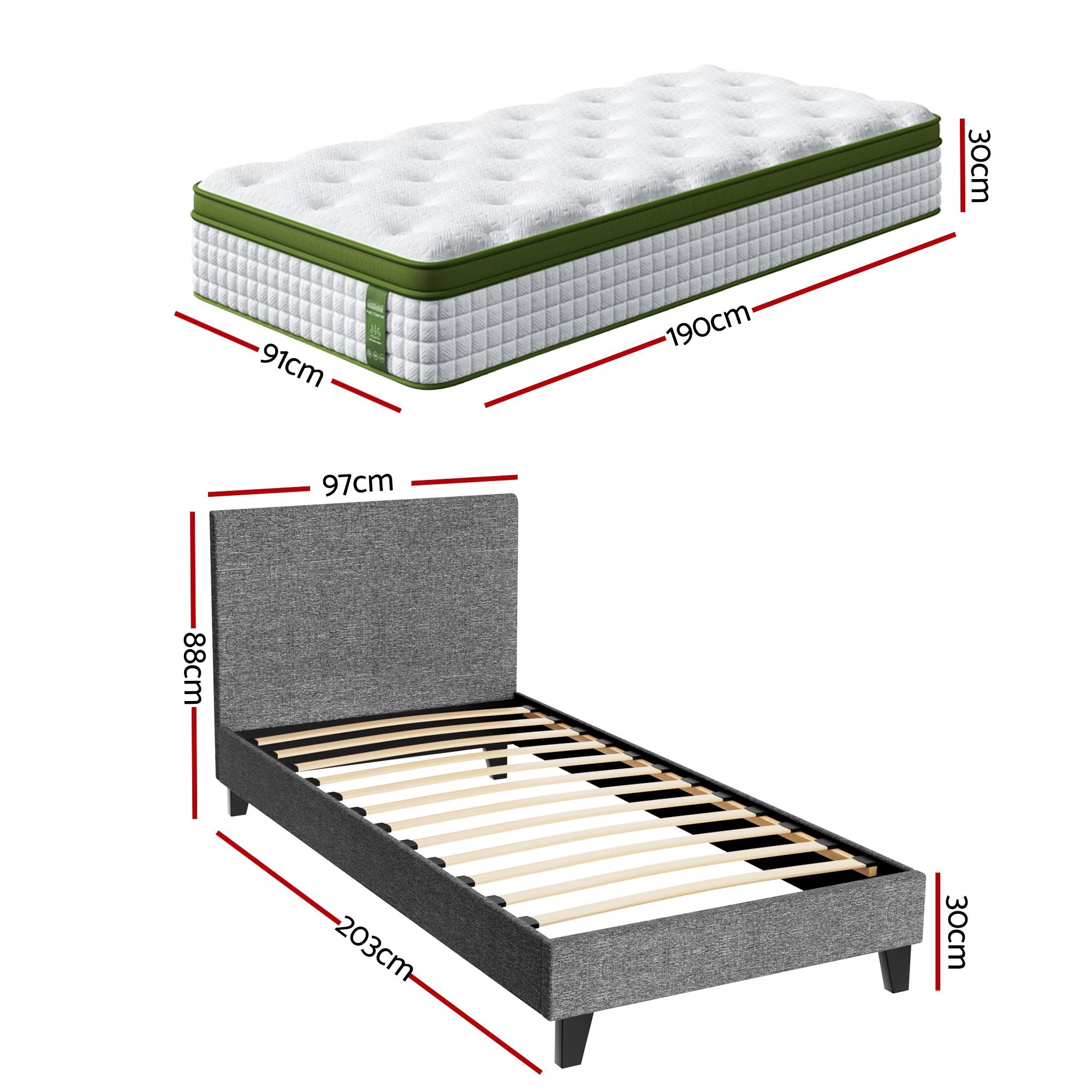 Artiss BedStory Single Bed Frame and Mattress Set, 30cm Hybrid Cooling Gel Mattress with Grey Upholstered Wooden Platform Base, Modern Bedroom Furniture Bundle