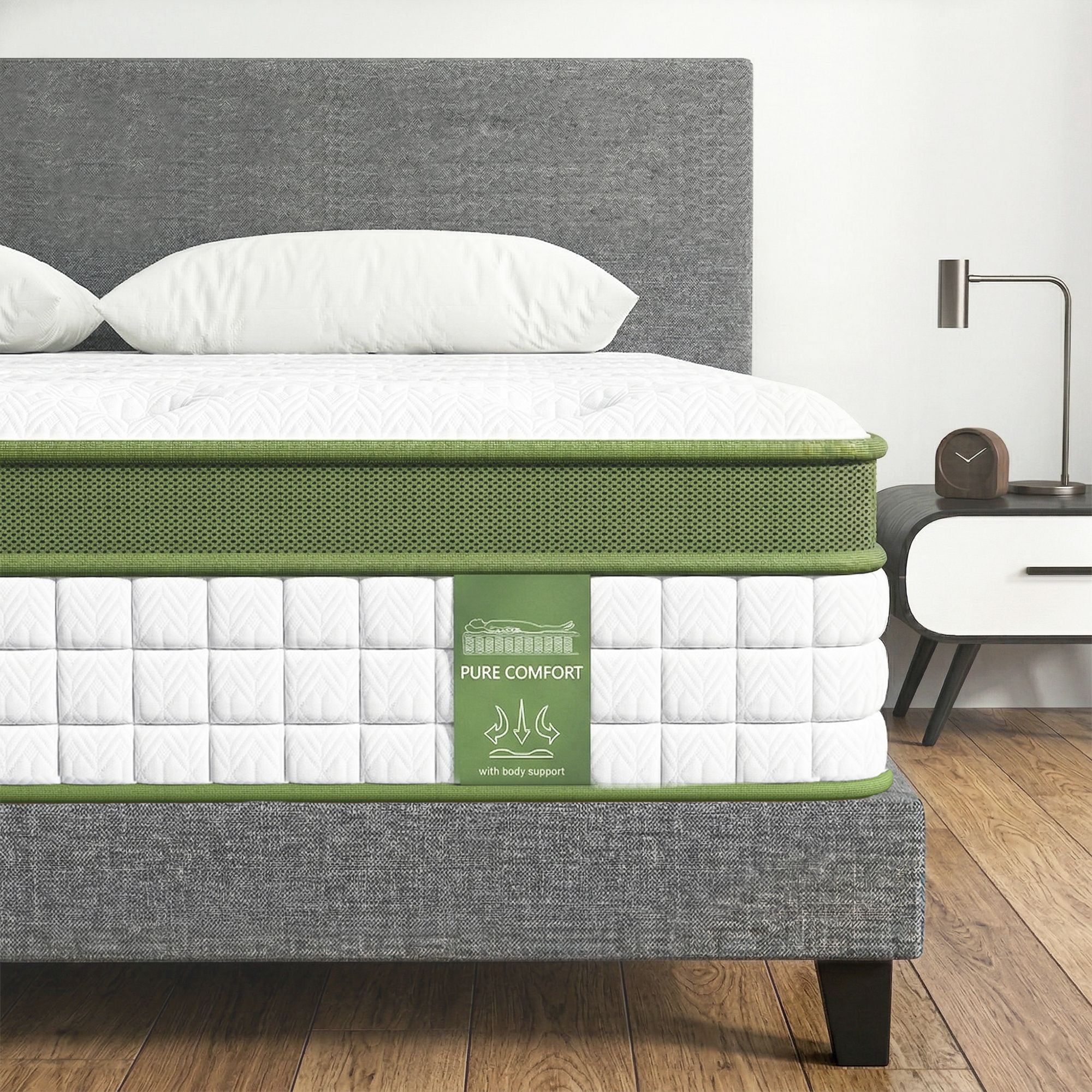 Artiss BedStory Single Bed Frame and Mattress Set, 30cm Hybrid Cooling Gel Mattress with Grey Upholstered Wooden Platform Base, Modern Bedroom Furniture Bundle