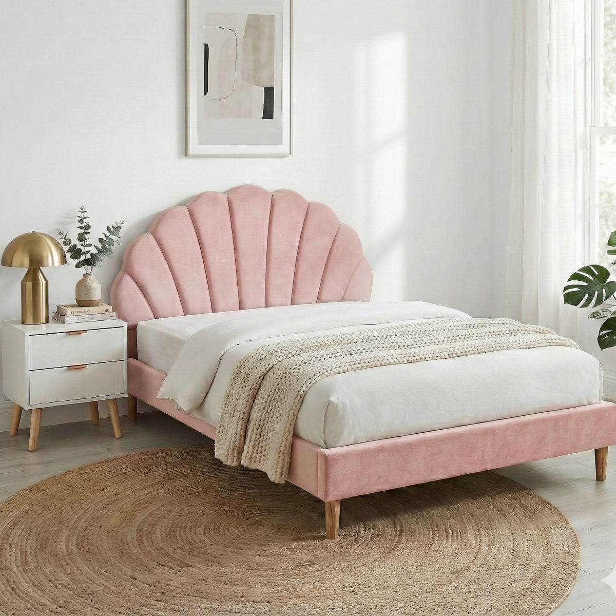 Rosy Double Bed Frame Pink Velvet with 2 Drawer Bedside Table
