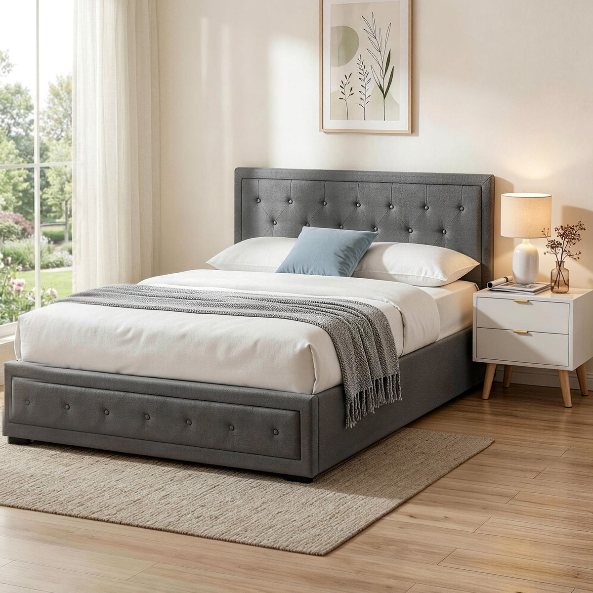 Tiyo Queen Upholstered Gas Lift Bed Frame with Bedside Table Set
