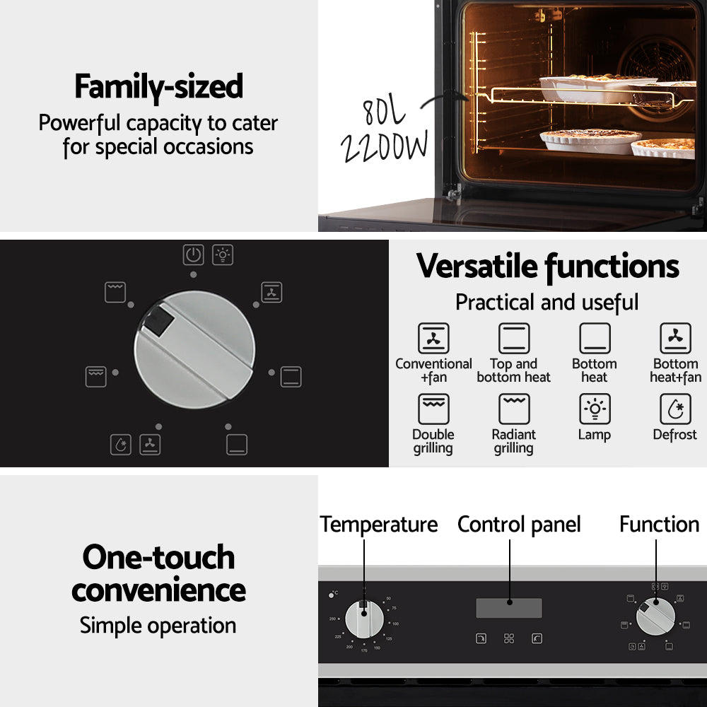 Devanti 80L Built-In Electric Wall Oven Convection Grill Stainless Steel