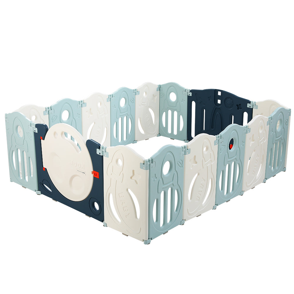 Keezi 16-Panel Foldable Baby Playpen Safety Barrier Blue/White