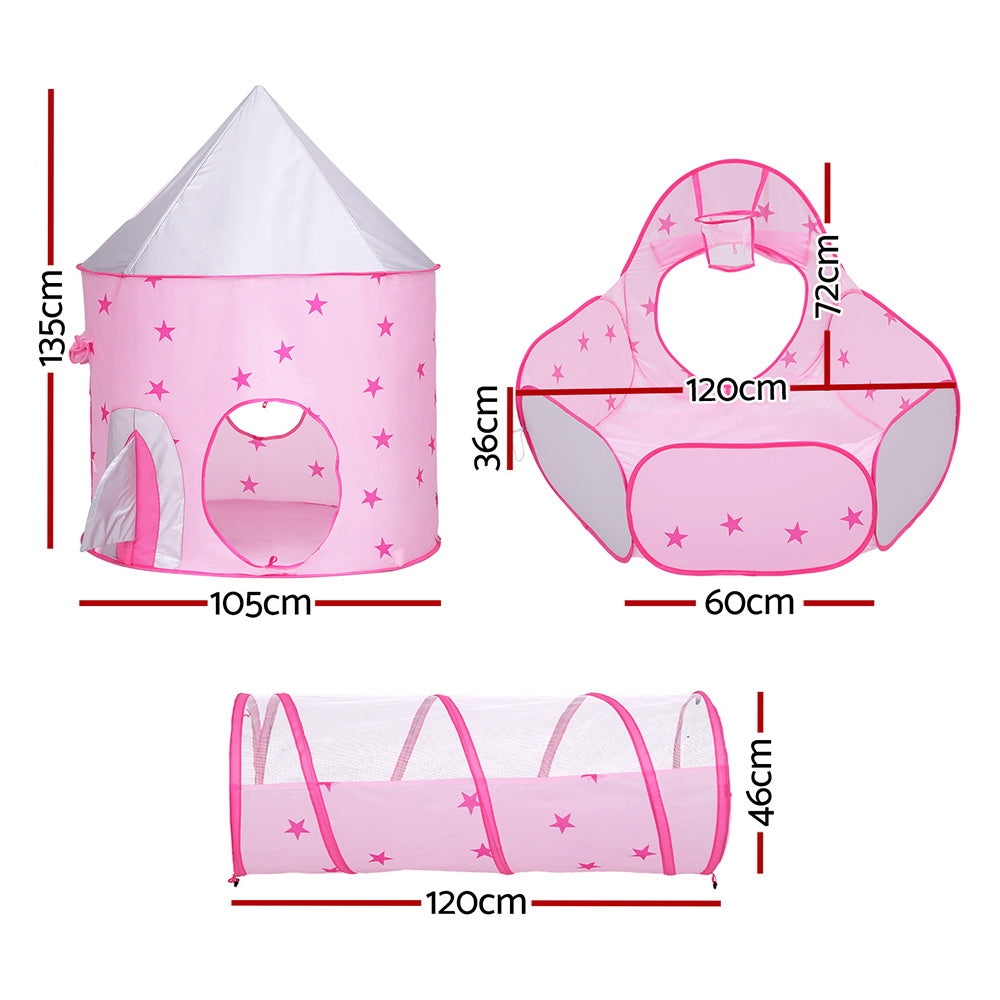 Keezi 3-in-1 Kids Play Tent Castle with Tunnel and Basketball Hoop Pink