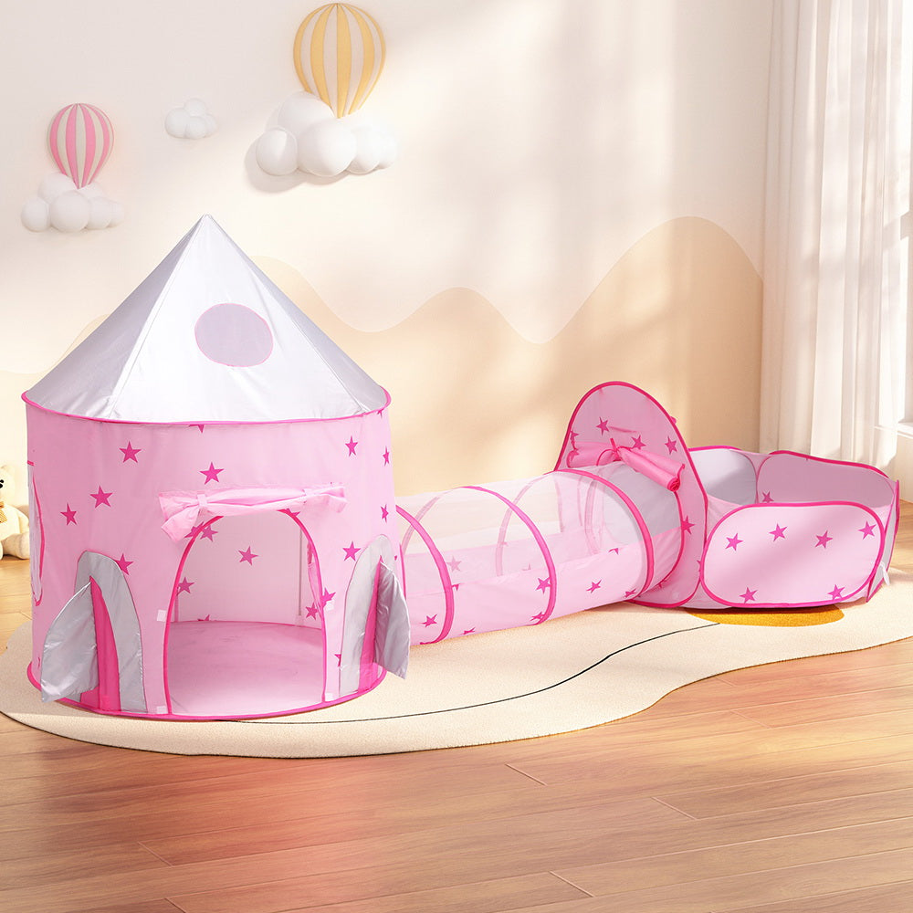 Keezi 3-in-1 Kids Play Tent Castle with Tunnel and Basketball Hoop Pink