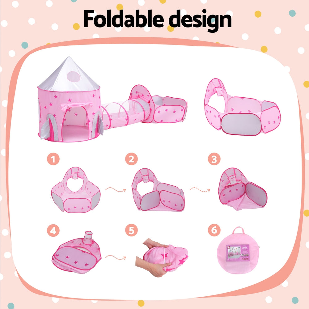 Keezi 3-in-1 Kids Play Tent Castle with Tunnel and Basketball Hoop Pink