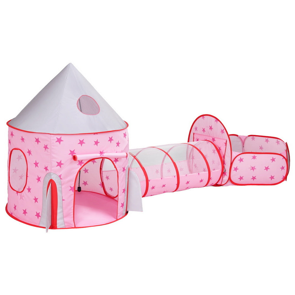 Keezi 3-in-1 Kids Playhouse with Crawl Tunnel and Basketball Hoop Pink