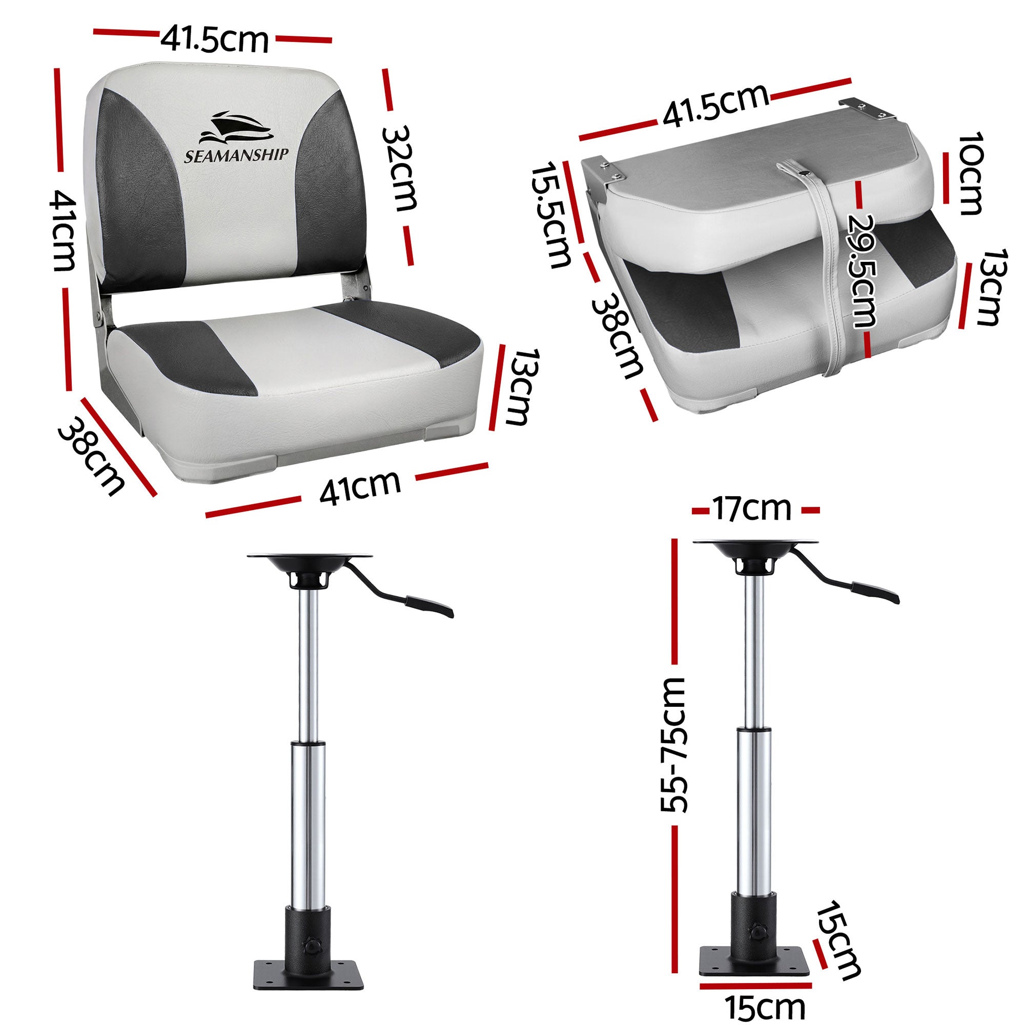 Seamanship 2X Folding Boat Seats with 2X Adjustable Pedestals 55–75cm Marine Swivel Low Back 13cm Padding Charcoal