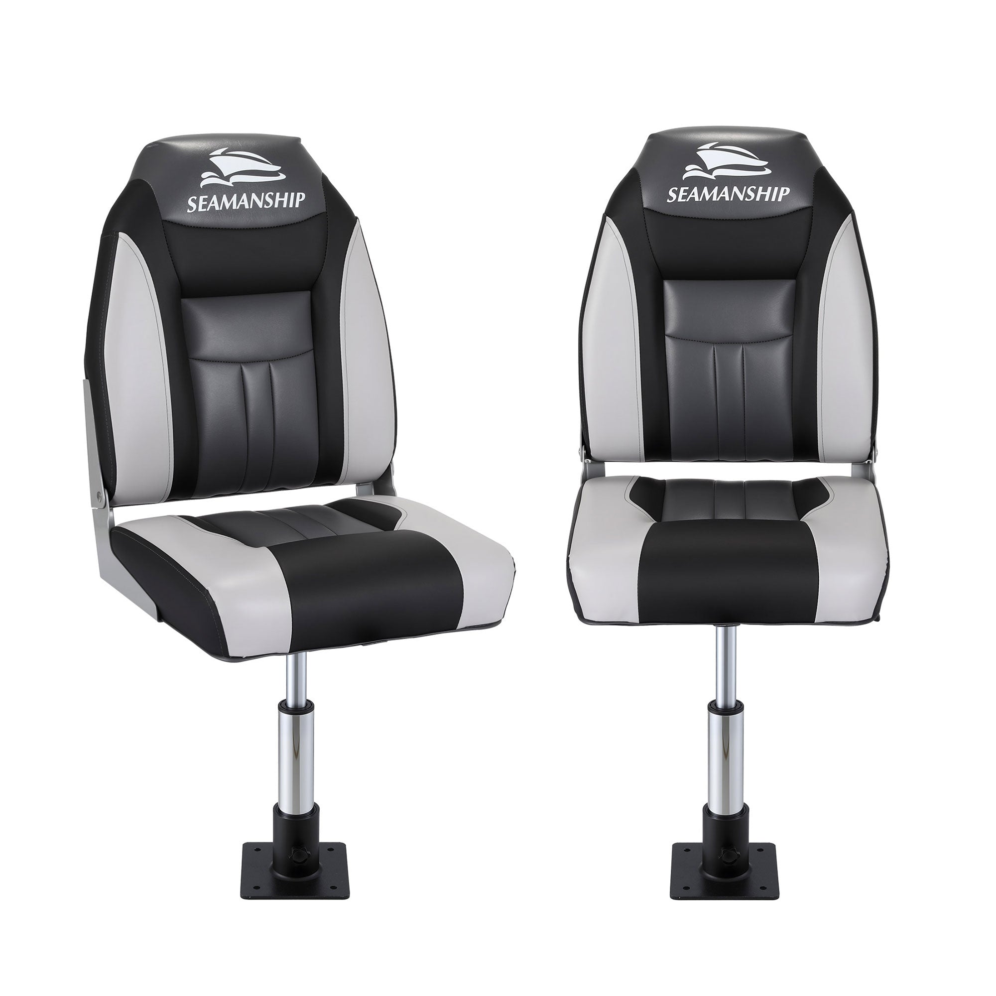 Seamanship 2X Folding Boat Seats with 2X Adjustable Pedestals 34–46cm Marine Seat Swivel High Back 12cm Padding Black