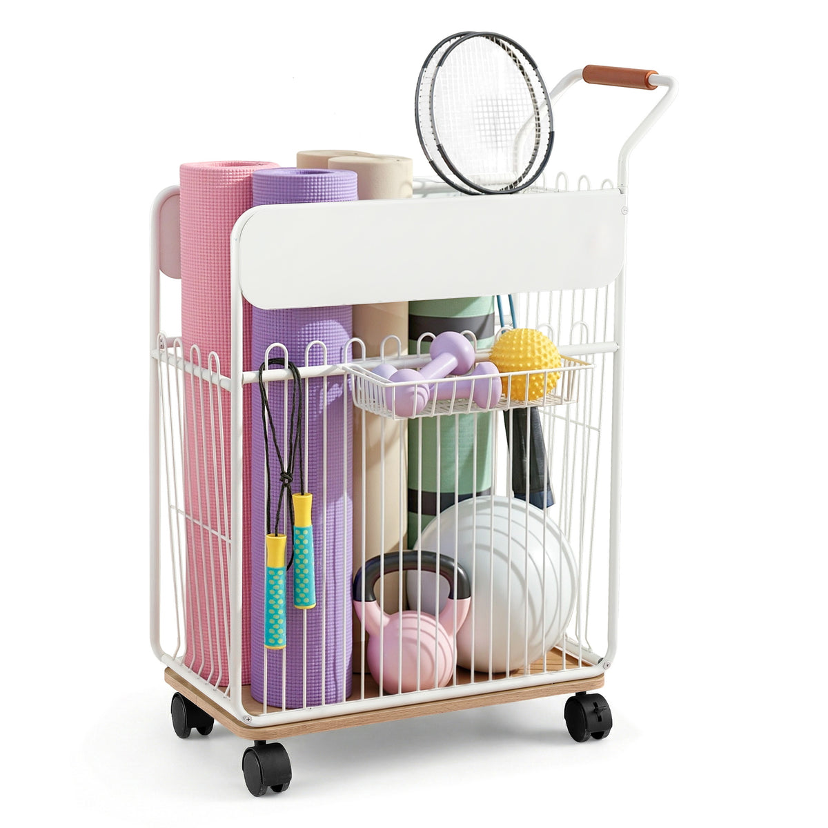 Everfit Mobile Yoga Mat Storage Rack with Wheels and Basket White