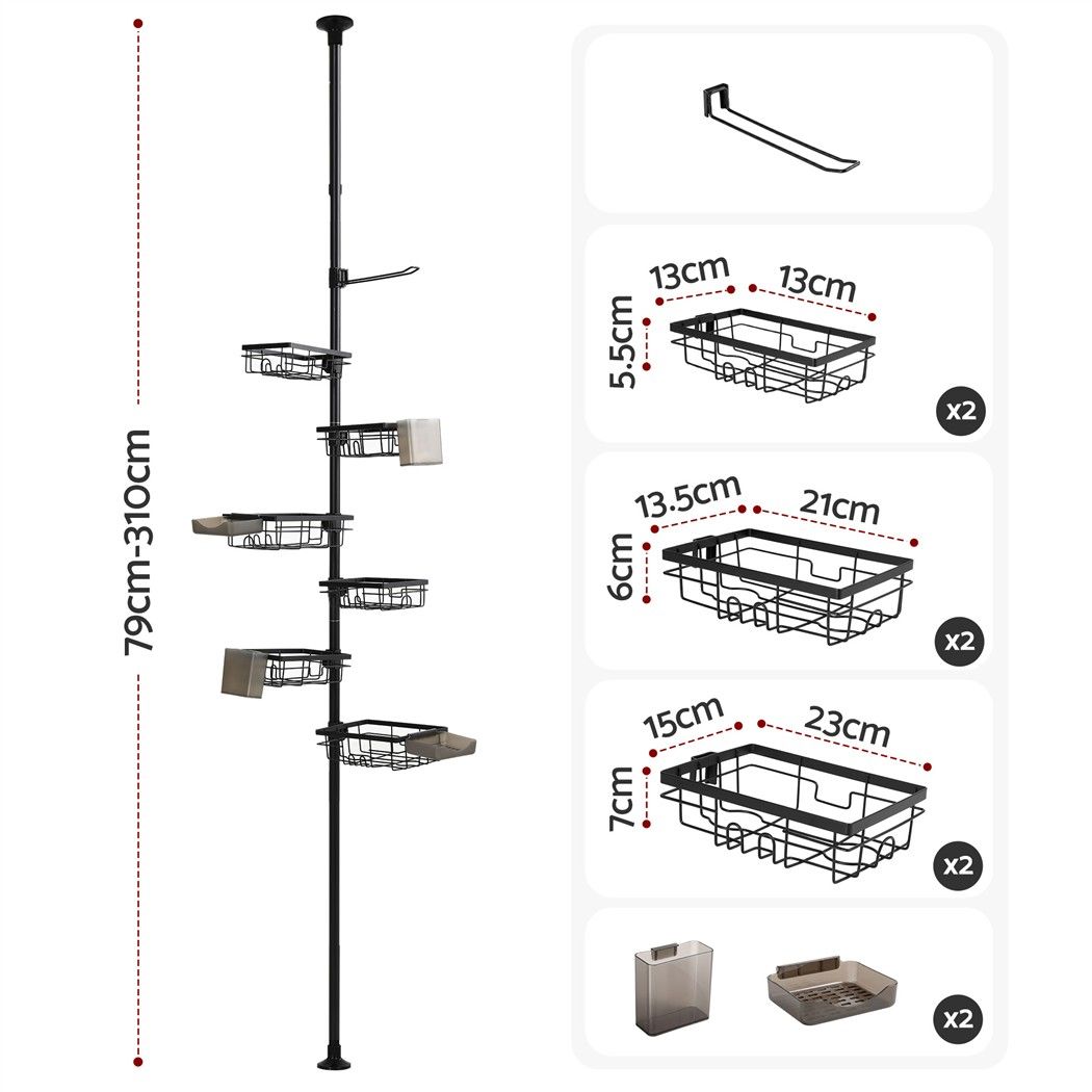Artiss Tension Pole Shower Caddy Steel Corner Bathroom Shelf Black
