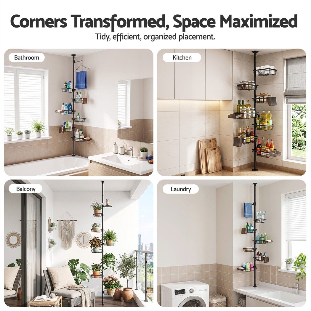 Artiss Tension Pole Shower Caddy Steel Corner Bathroom Shelf Black