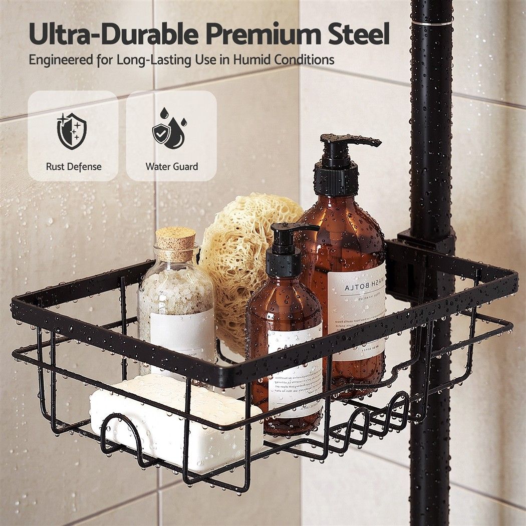 Artiss Tension Pole Shower Caddy Steel Corner Bathroom Shelf Black