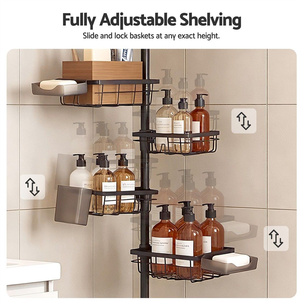 Artiss Tension Pole Shower Caddy Steel Corner Bathroom Shelf Black