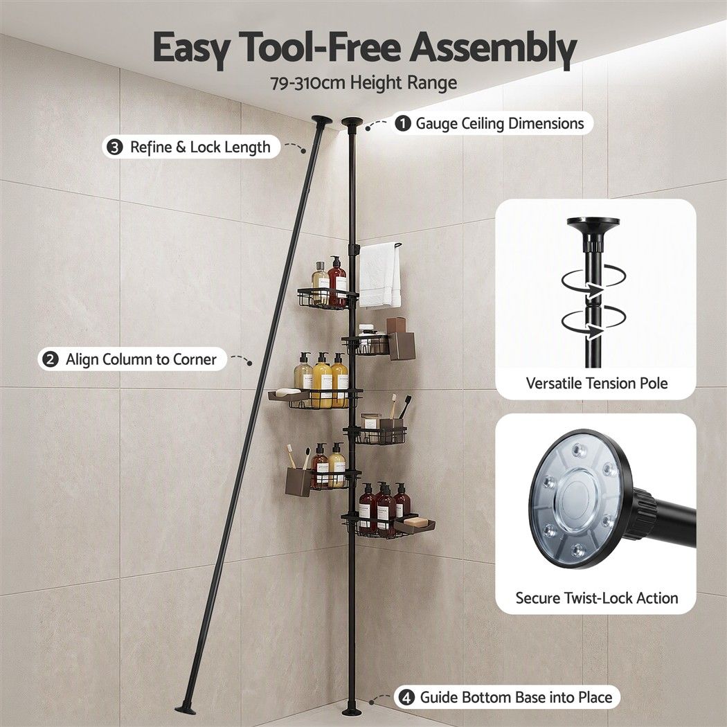 Artiss Tension Pole Shower Caddy Steel Corner Bathroom Shelf Black