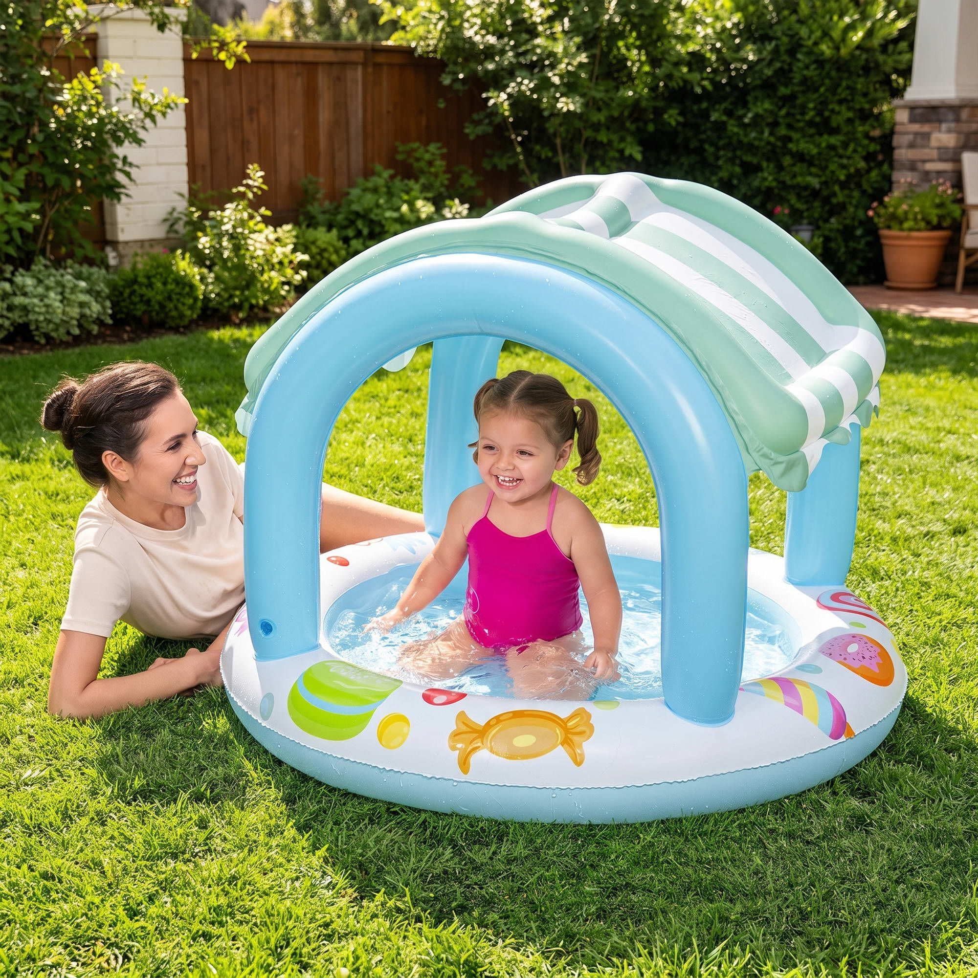 Bestway Inflatable Kids Pool with Sun Shade Candy Theme 104x84cm