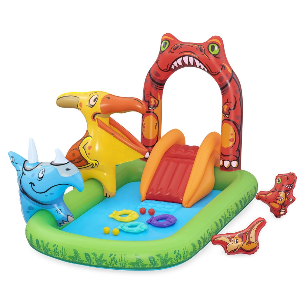 Fantastic Jurassic Kids Inflatable Splash Pool 242cm Slide & Ball Toss