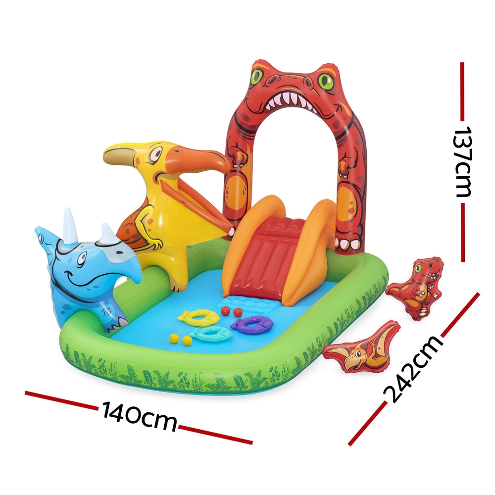 Fantastic Jurassic Kids Inflatable Splash Pool 242cm Slide & Ball Toss