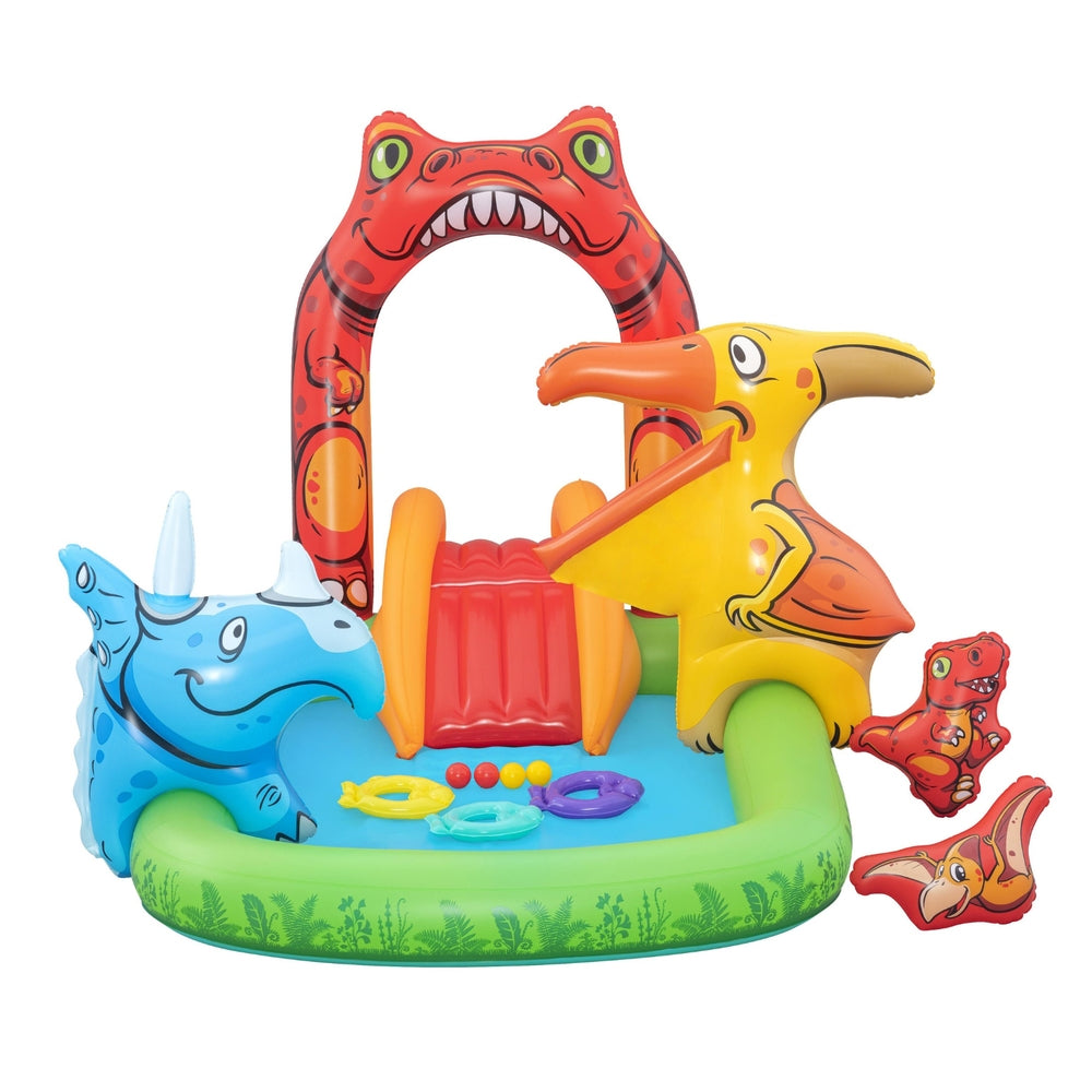 Fantastic Jurassic Kids Inflatable Splash Pool 242cm Slide & Ball Toss