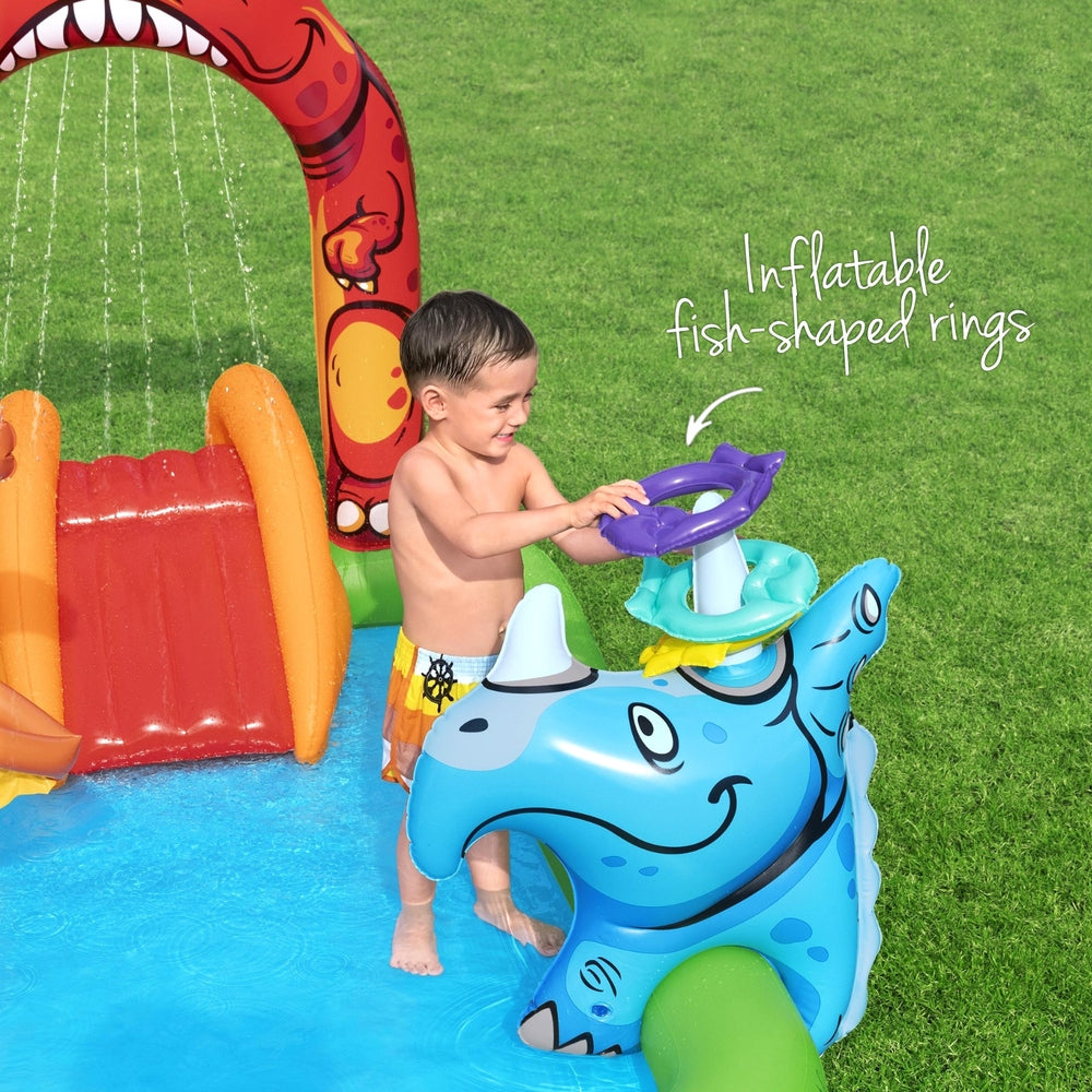 Fantastic Jurassic Kids Inflatable Splash Pool 242cm Slide & Ball Toss