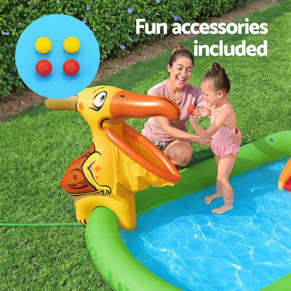 Fantastic Jurassic Kids Inflatable Splash Pool 242cm Slide & Ball Toss