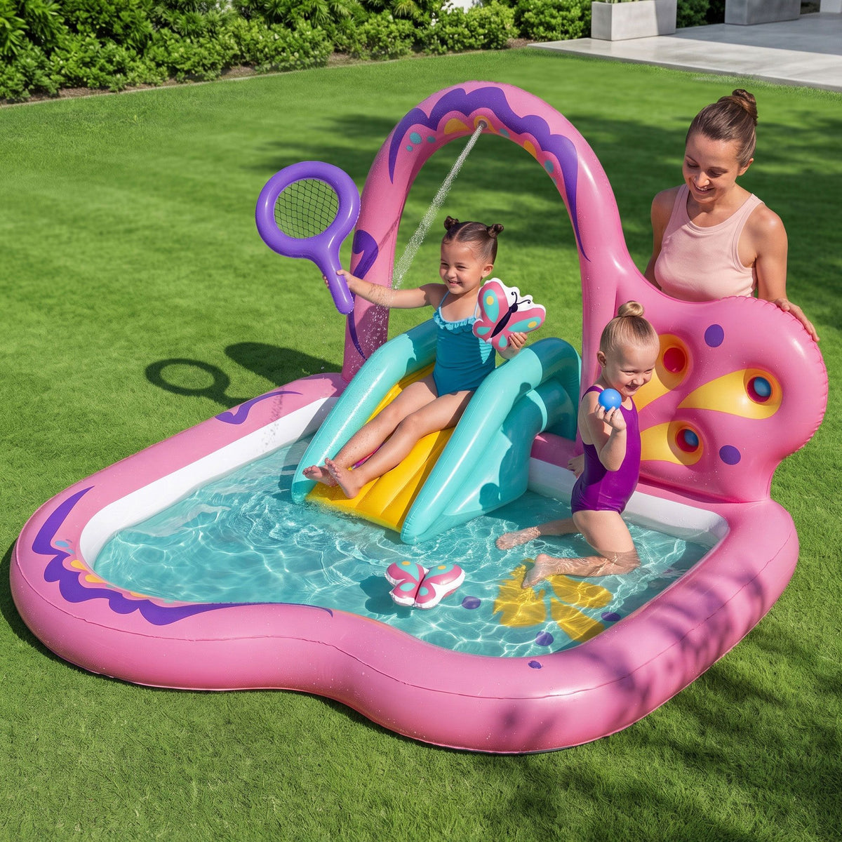 Bestway Inflatable Butterfly Kids Play Pool with Slide 180cm Pink