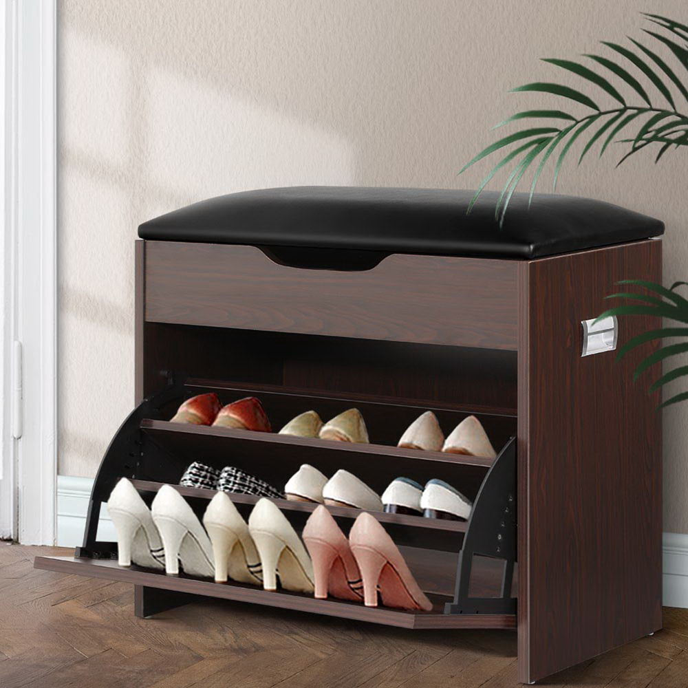 Walnut 3-Tier Shoe Rack Cabinet Bench 15 Pairs